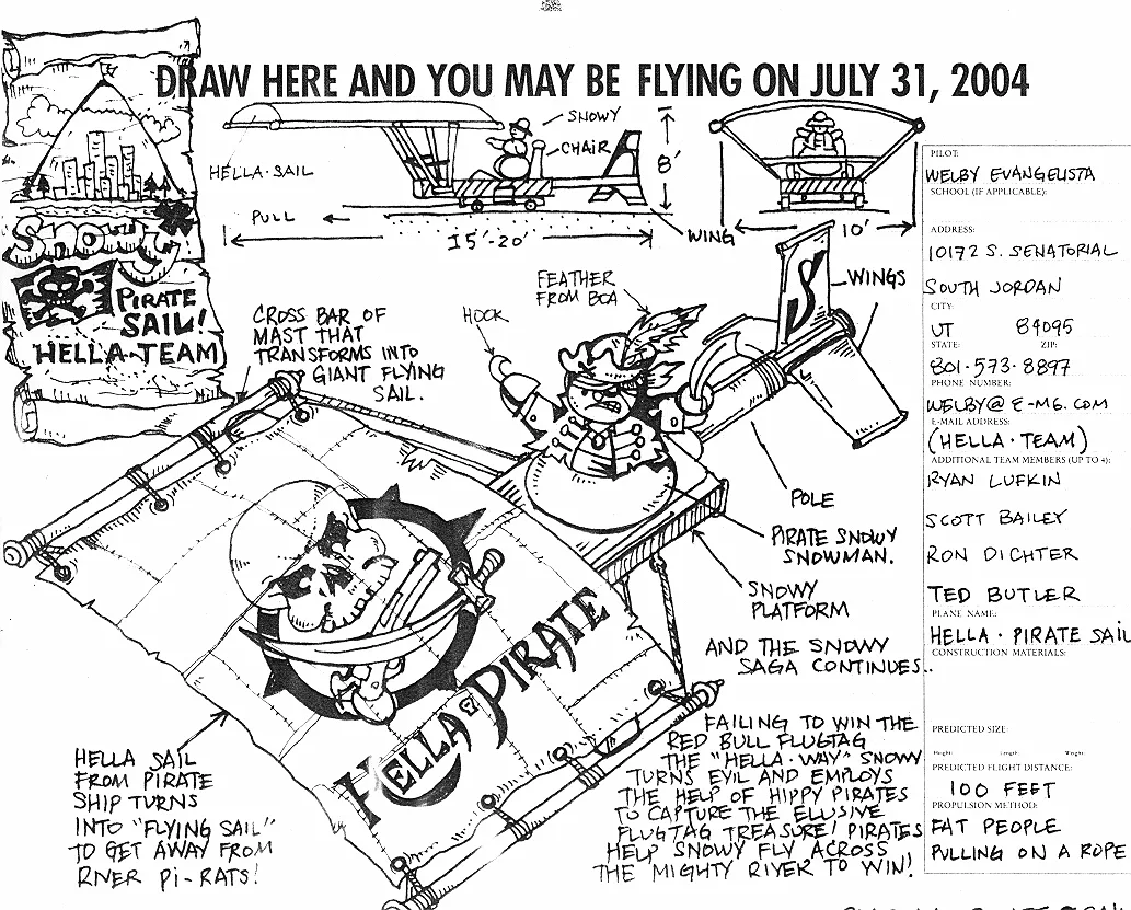 A hand-drawn concept sketch of the Hella-Pirate flying machine