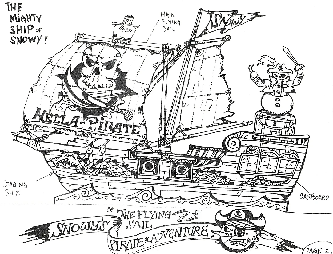 A hand-drawn concept sketch of the Mighty Ship of Snowy, a pirate ship with a snowman