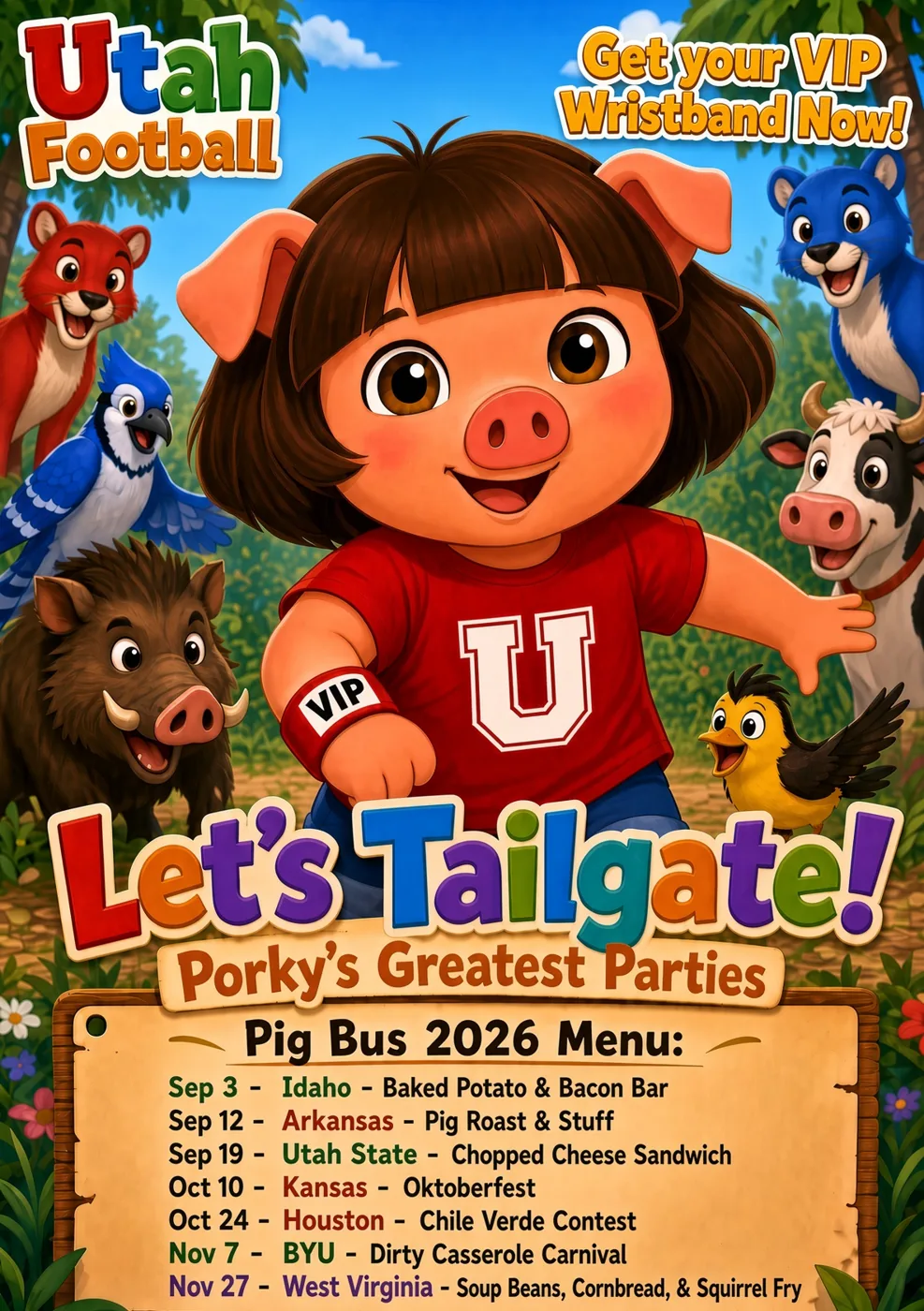 The crew’s 2026 poster: Let’s Tailgate, Porky’s Greatest Parties, with the themed menu for every home game