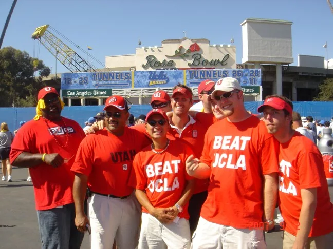 Crew in matching Beat UCLA shirts on a road trip