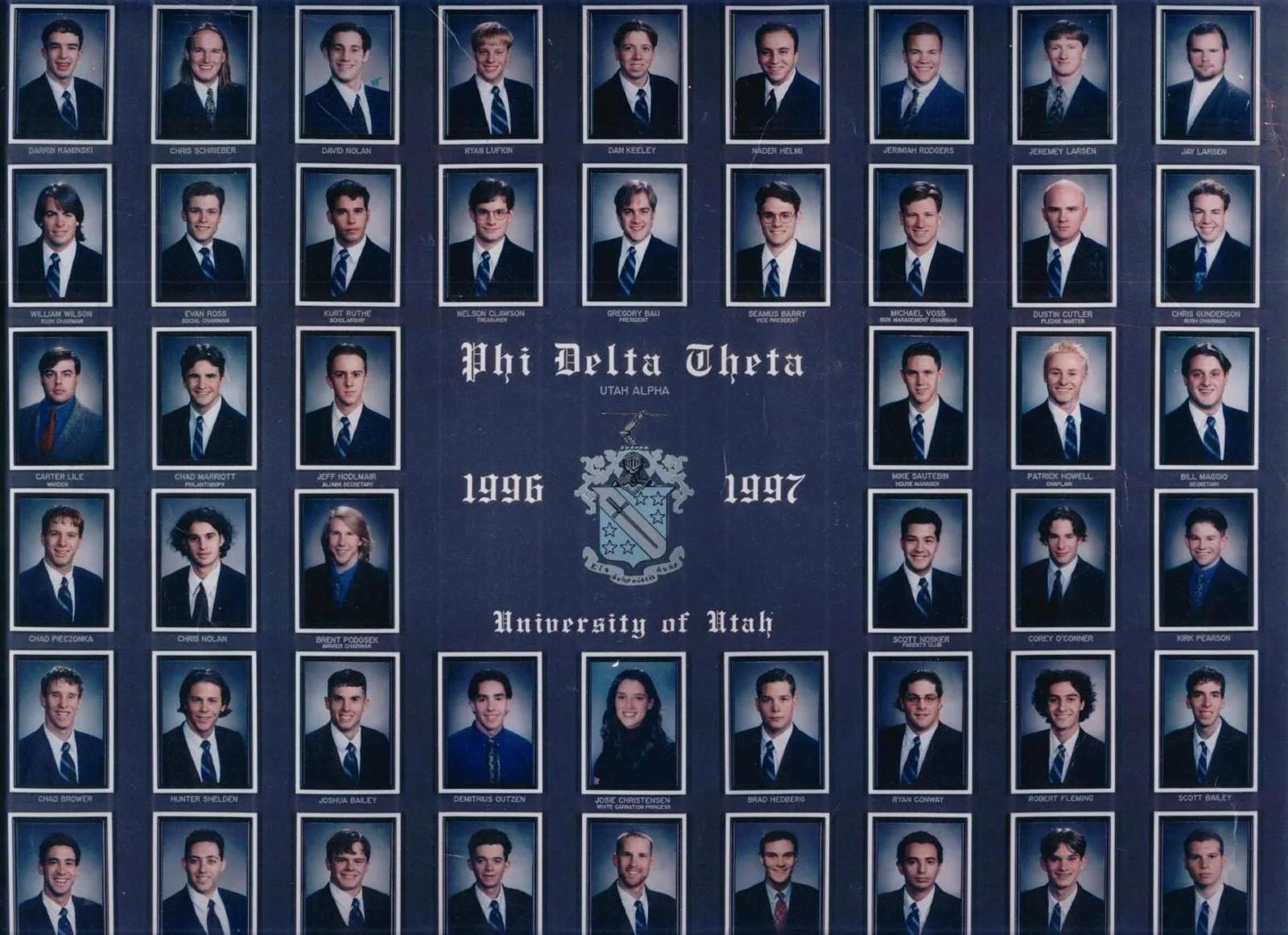 The 1996–1997 Phi Delta Theta Utah Alpha chapter composite from the University of Utah, with Ryan Lufkin in the top row