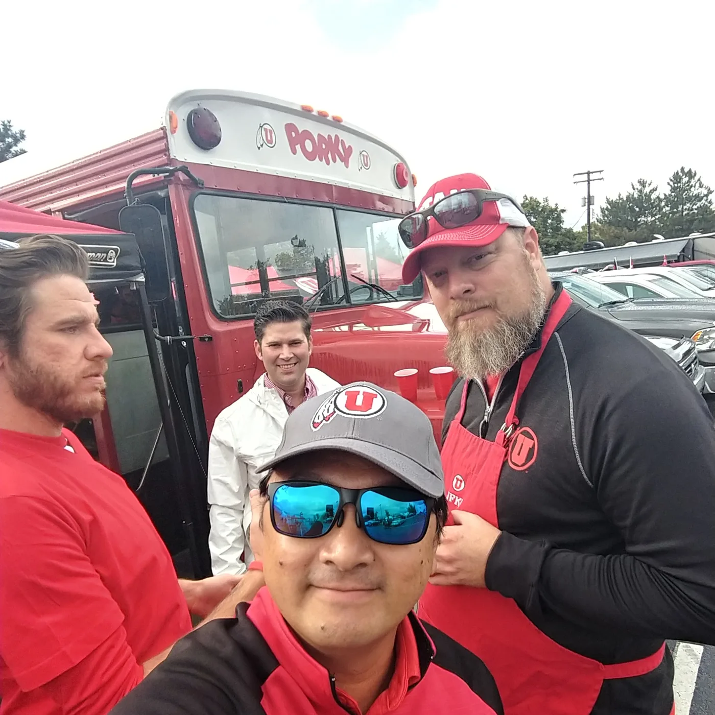 A crew member’s selfie with friends in front of Porky